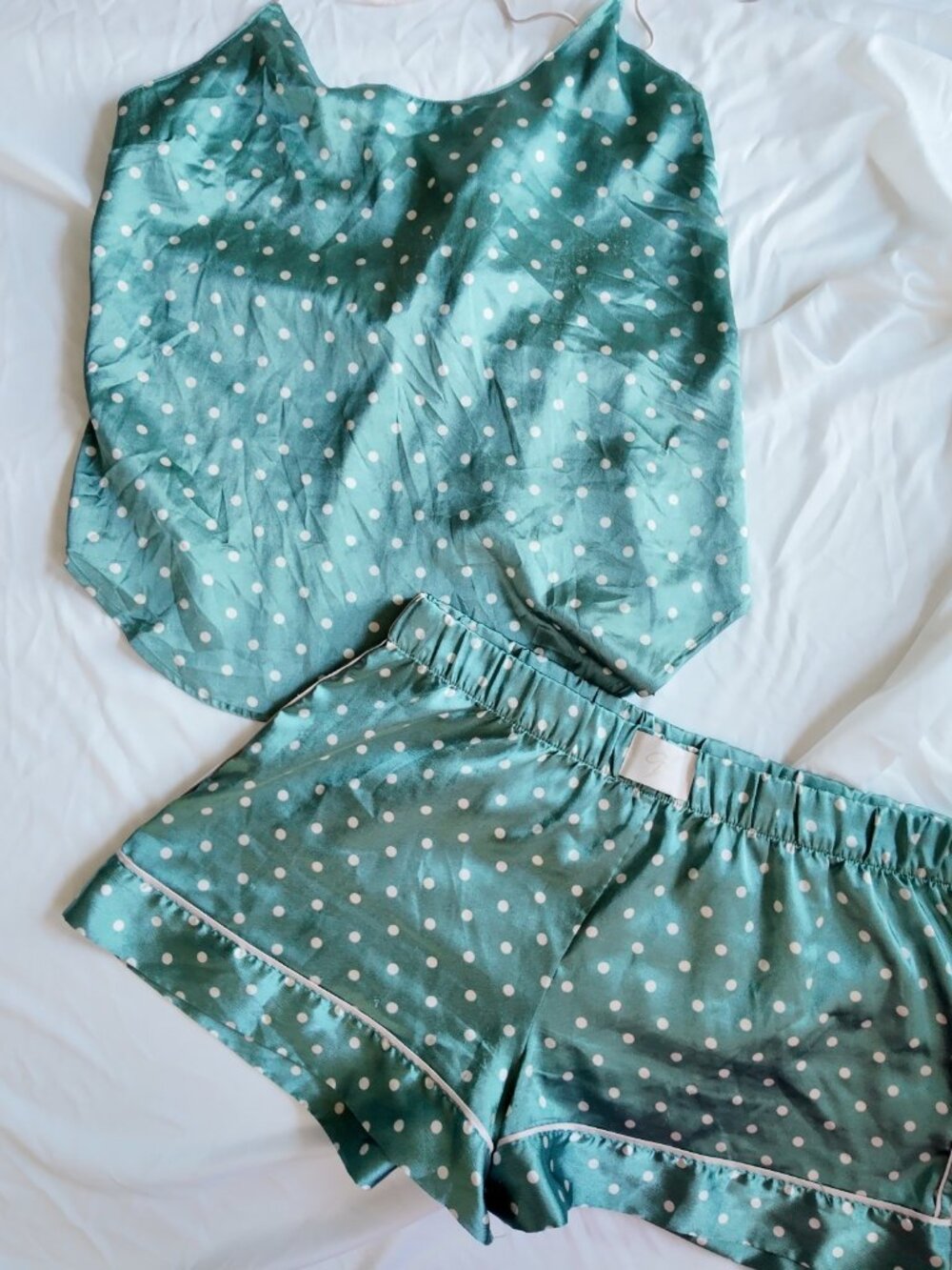 Victoria's Secret Pajama Set Womens S L Satin Cami Shorts Polka dot Shale Green